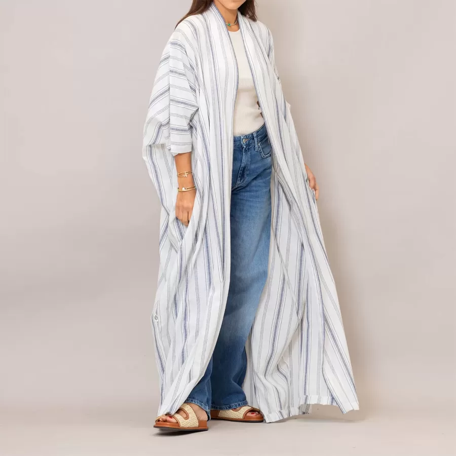Blue Gray Bisht Cotton Oversized Striped Abaya