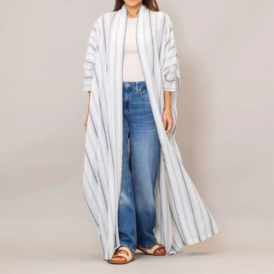 Blue Gray Bisht Cotton Oversized Striped Abaya