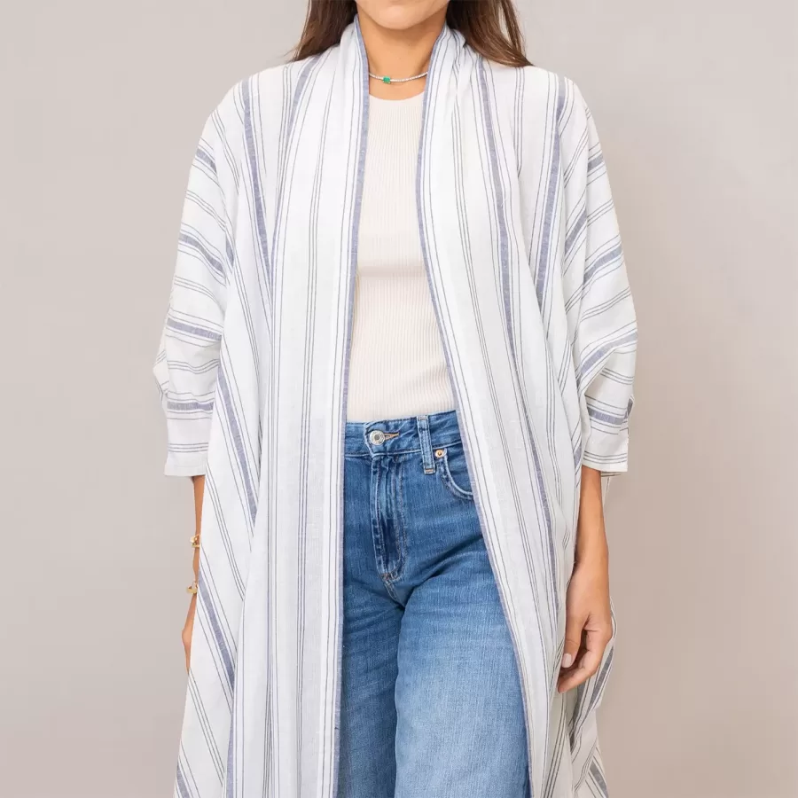 Blue Gray Bisht Cotton Oversized Striped Abaya