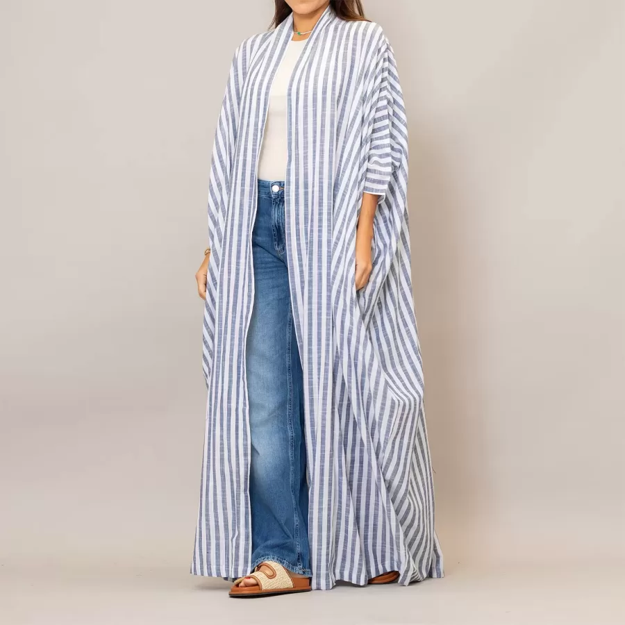 Steel Blue Bisht Cotton Oversized Striped Abaya