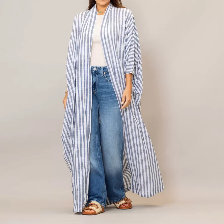 Steel Blue Bisht Cotton Oversized Striped Abaya
