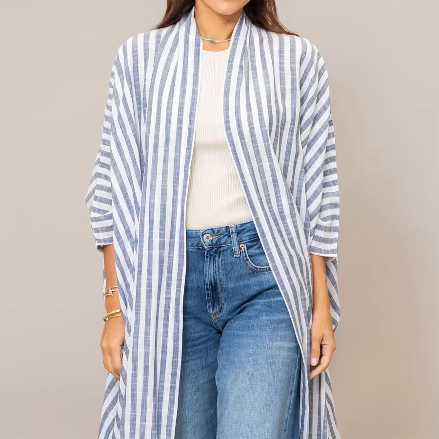 Steel Blue Bisht Cotton Oversized Striped Abaya