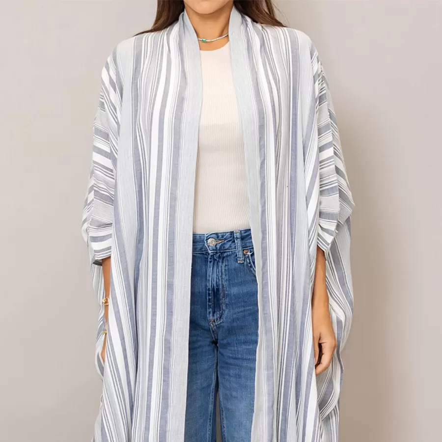 Light Steel Blue Bisht Cotton Oversized Striped Abaya