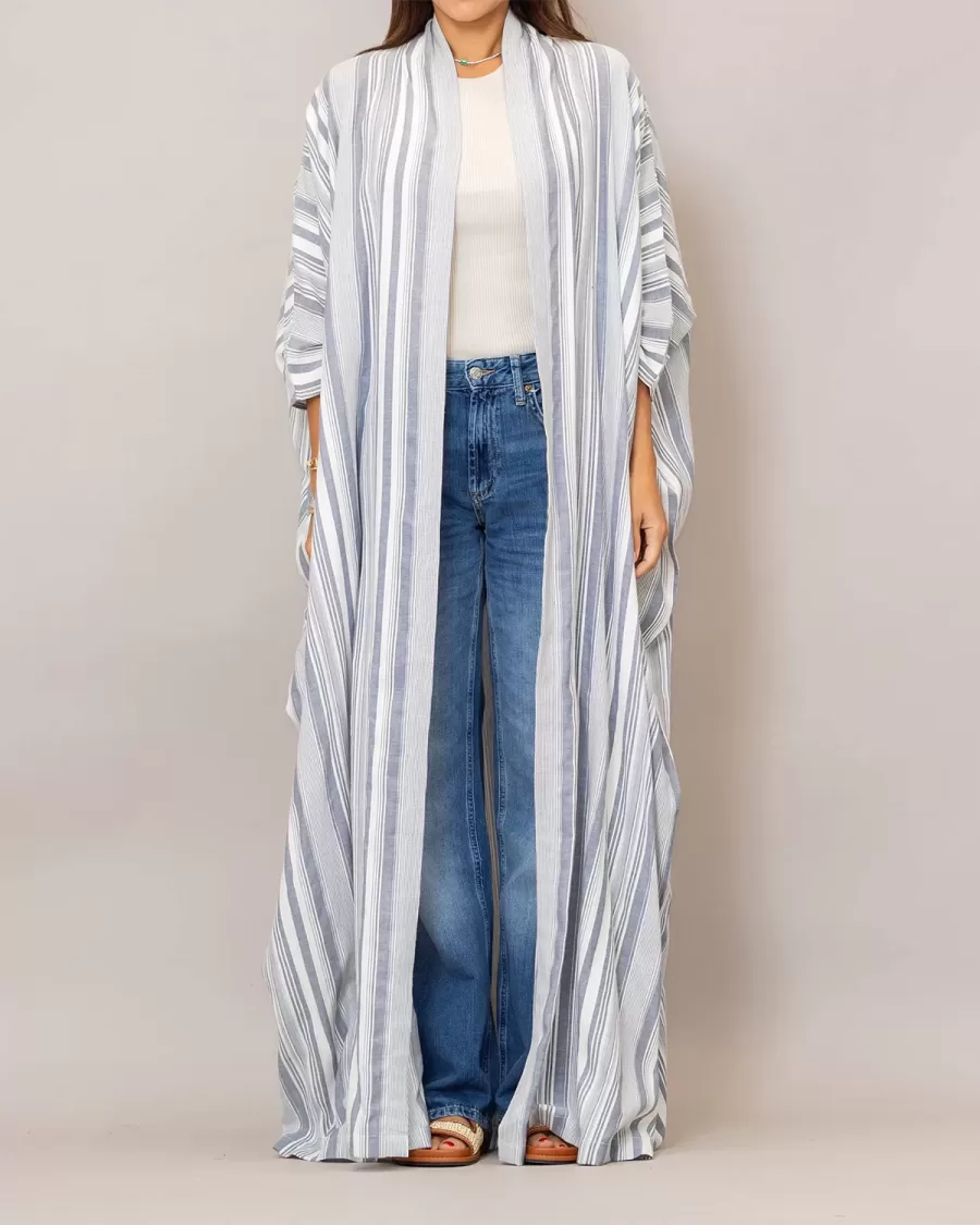 Light Steel Blue Bisht Cotton Oversized Striped Abaya