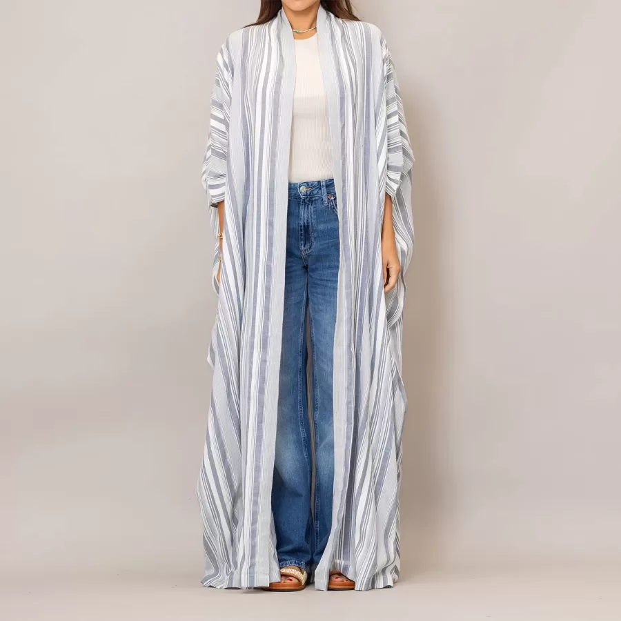 Light Steel Blue Bisht Cotton Oversized Striped Abaya