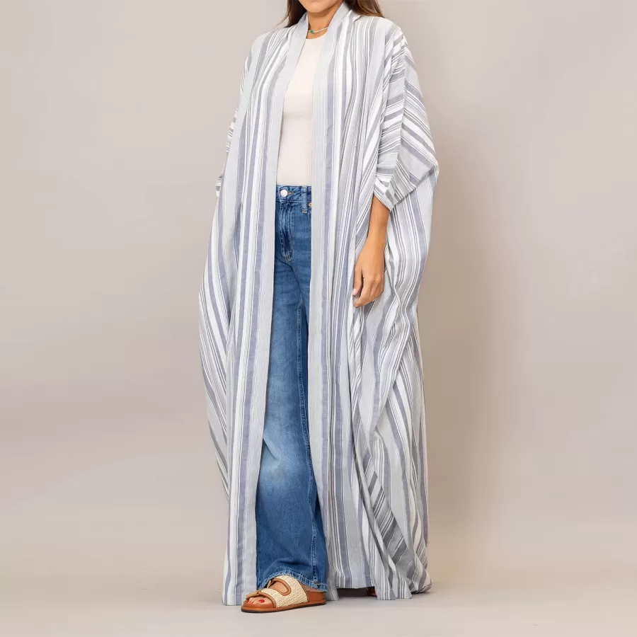 Light Steel Blue Bisht Cotton Oversized Striped Abaya