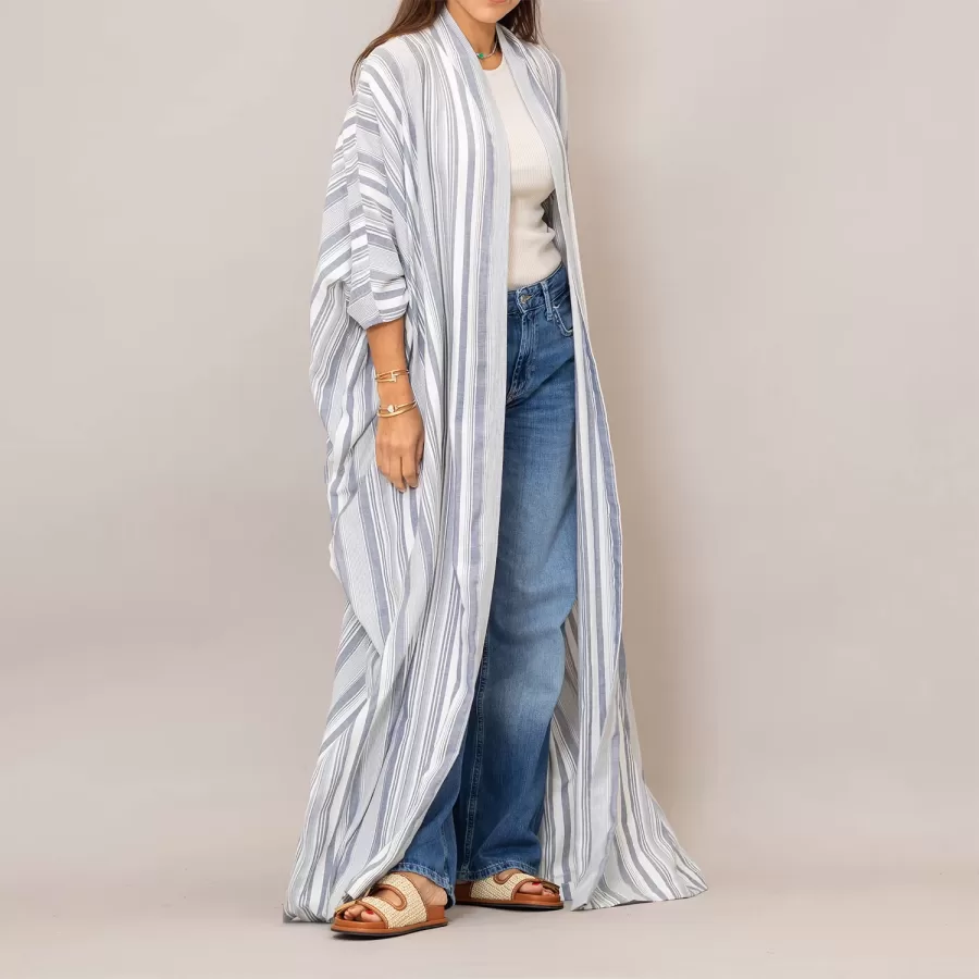 Light Steel Blue Bisht Cotton Oversized Striped Abaya