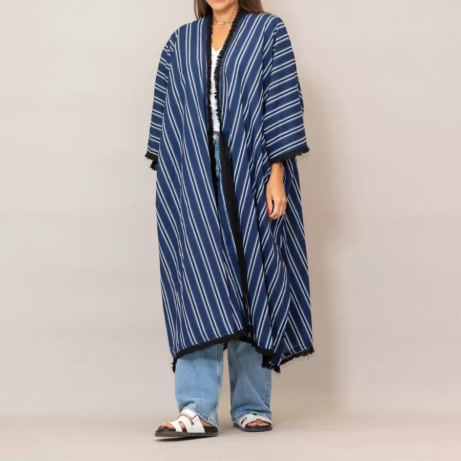 Navy Blue Spain Kaftan Striped Cotton Coverup with Fringes