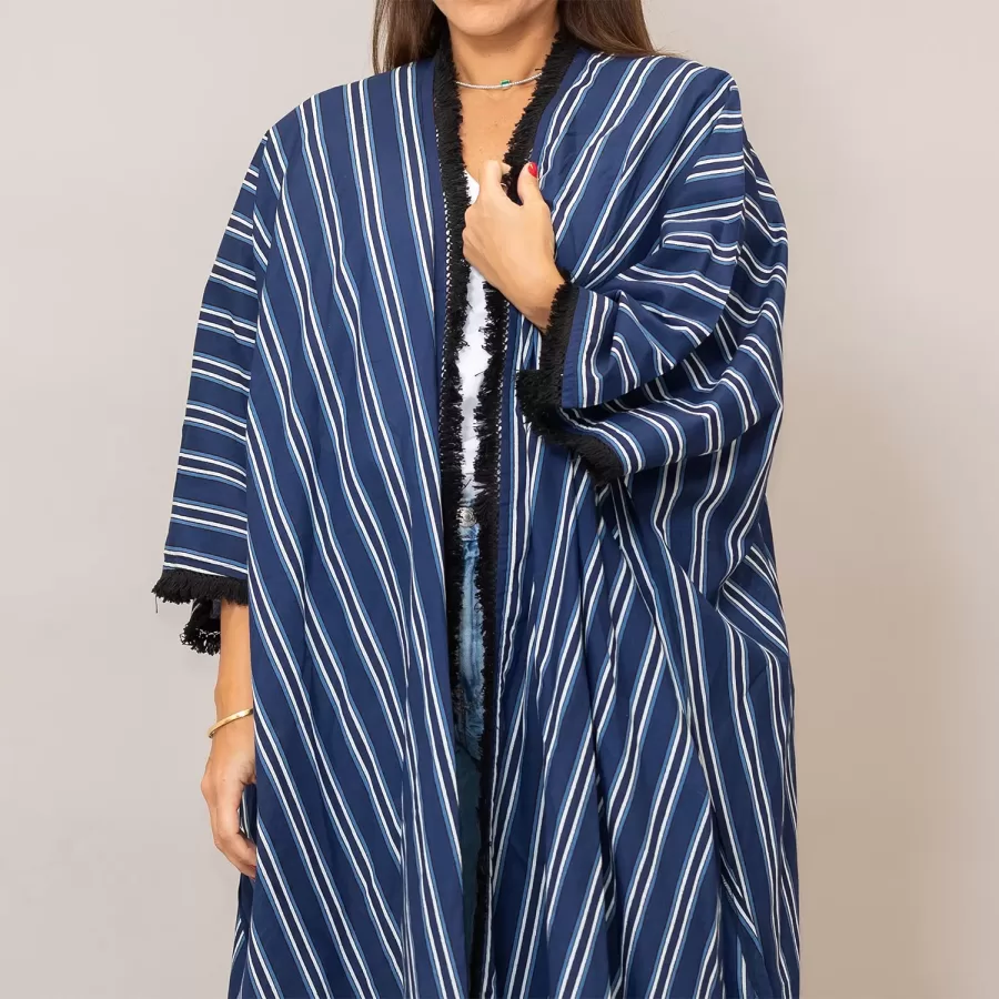 Navy Blue Spain Kaftan Striped Cotton Coverup with Fringes