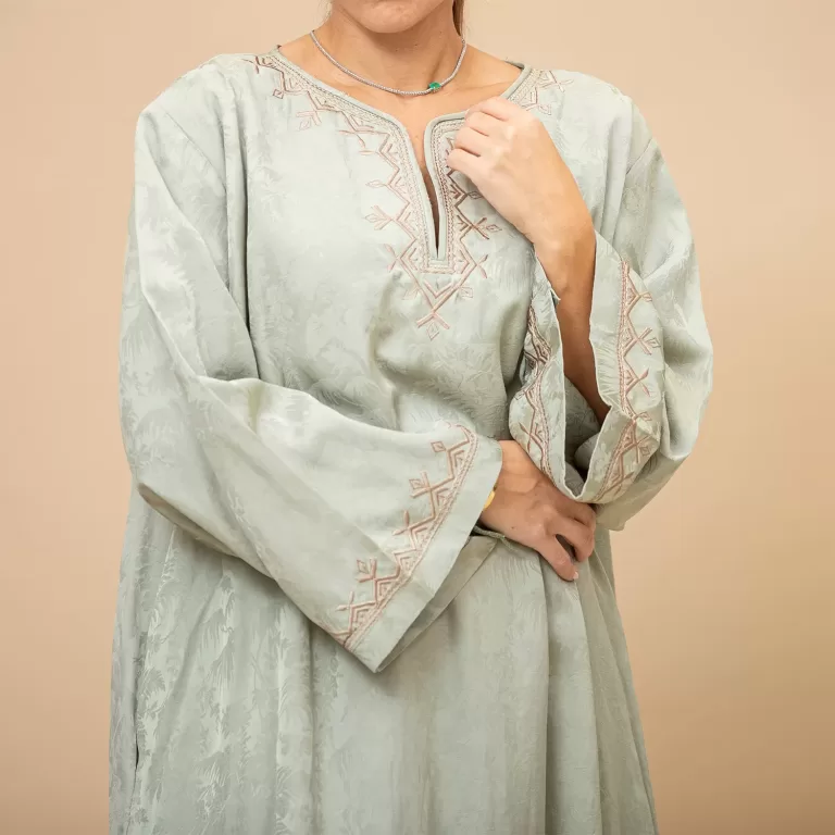 Maha Lux - Embroidered Washed Silk Pastel Green Jalabiya with Pockets