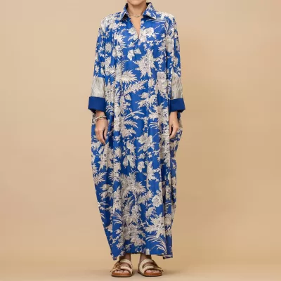 Amal - Floral Print Cotton Oversized Blue Dress