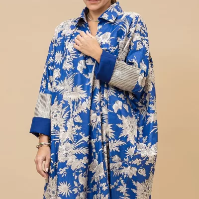 Amal - Floral Print Cotton Oversized Blue Dress