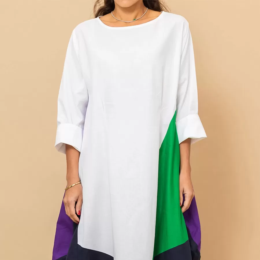 Sophie - White Linen Balloon Dress with Colorsblock - Image 2