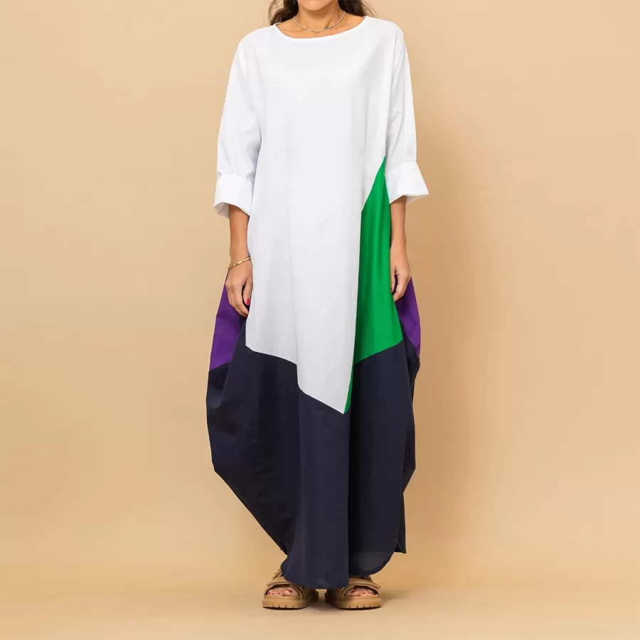 Sophie - White Linen Balloon Dress with Colorsblock