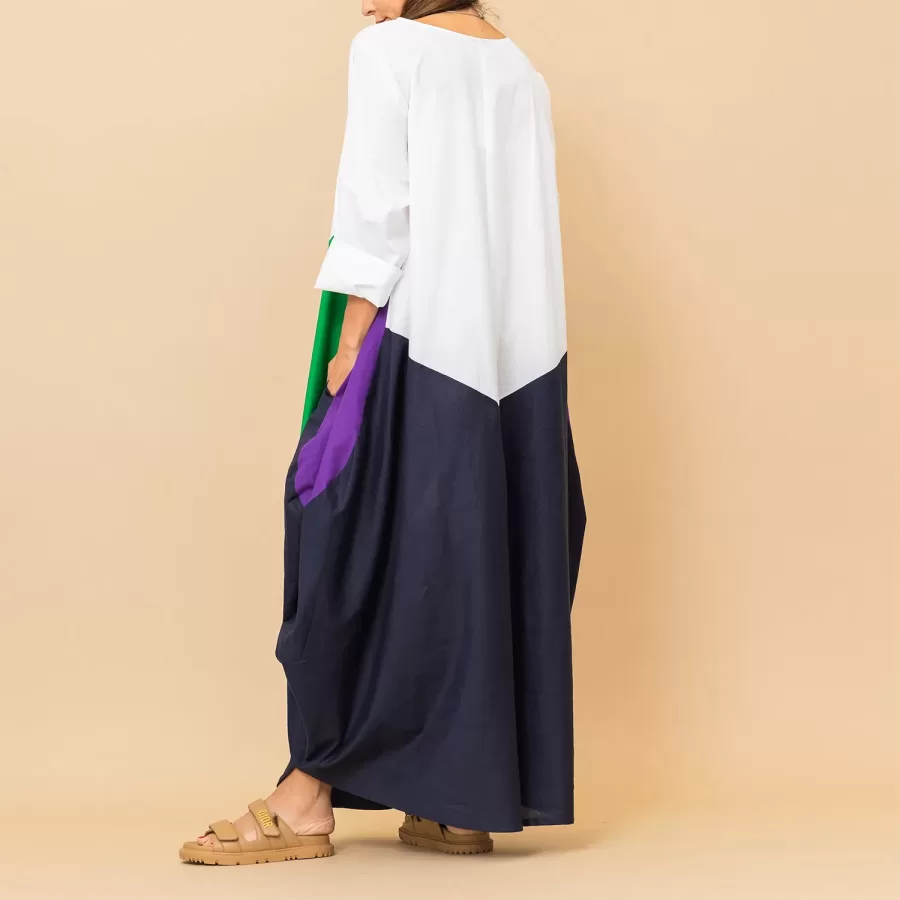 Sophie - White Linen Balloon Dress with Colorsblock - Image 4