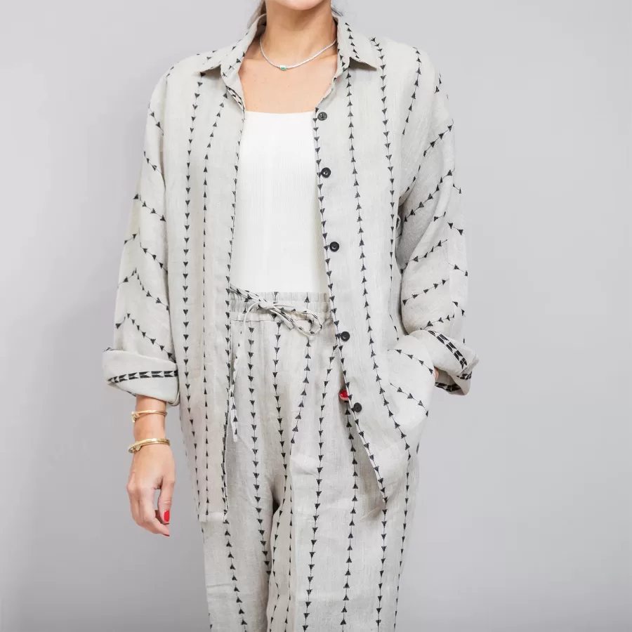 Linen Striped Set - Embroidered Linen Co-ord Trousers and Shirt - Image 2