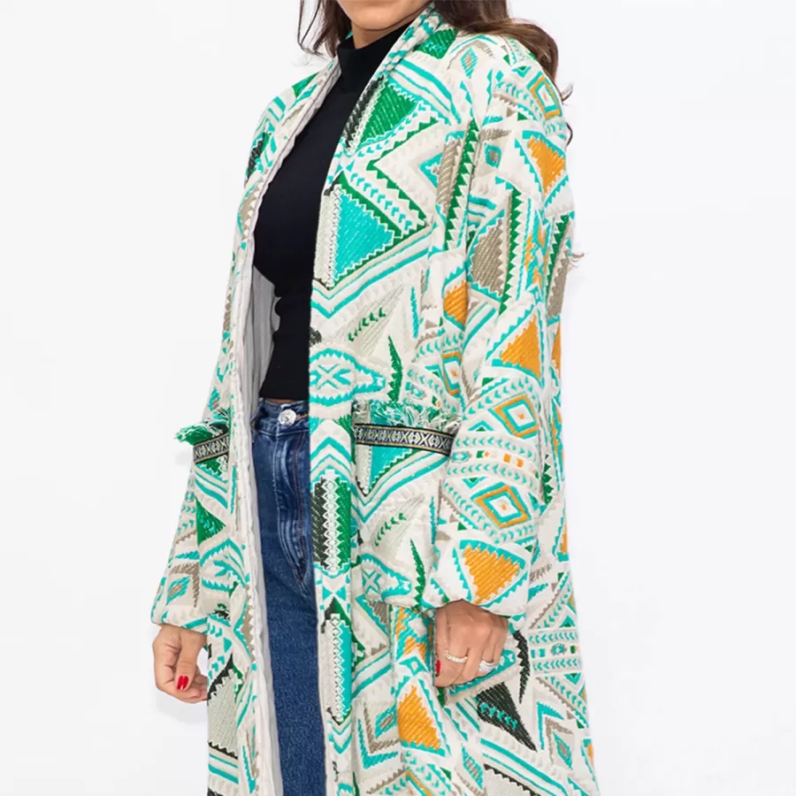 Fringe Winter Coat - Geometric Patterns Woolen Jacket - Image 2