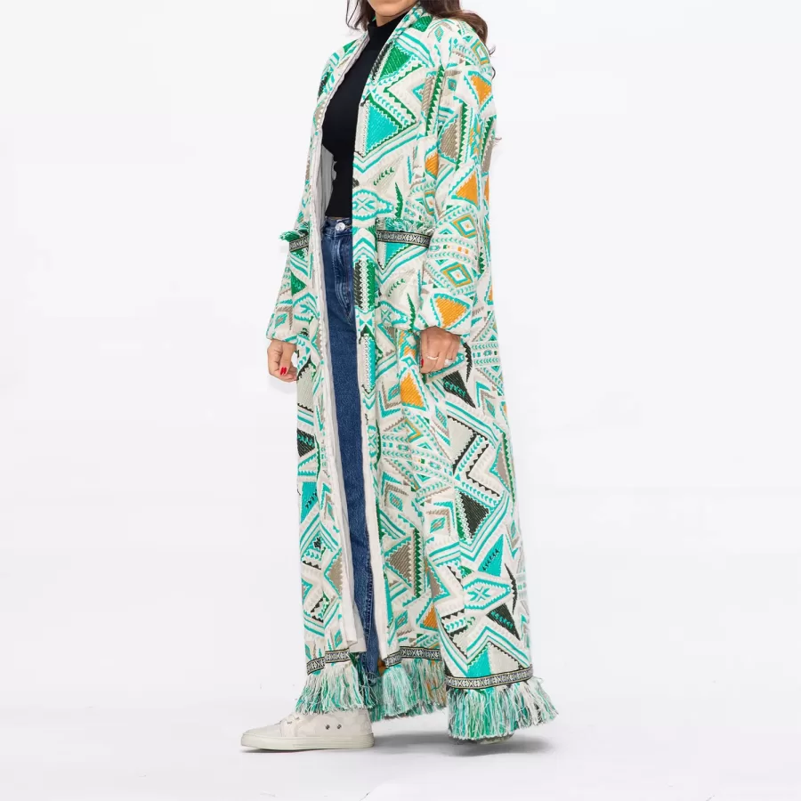 Fringe Winter Coat - Geometric Patterns Woolen Jacket - Image 4