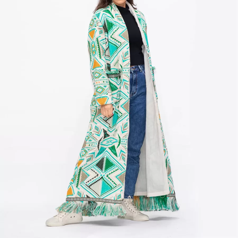 Fringe Winter Coat - Geometric Patterns Woolen Jacket - Image 3