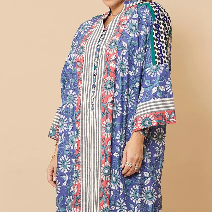 Haifa - Buttoned Floral Cotton Jalabiya with Mirrorwork - Image 2