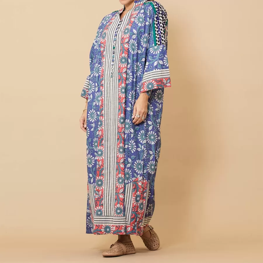 Haifa - Buttoned Floral Cotton Jalabiya with Mirrorwork - Image 5