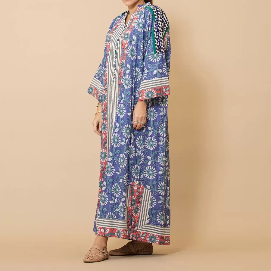 Haifa - Buttoned Floral Cotton Jalabiya with Mirrorwork - Image 4