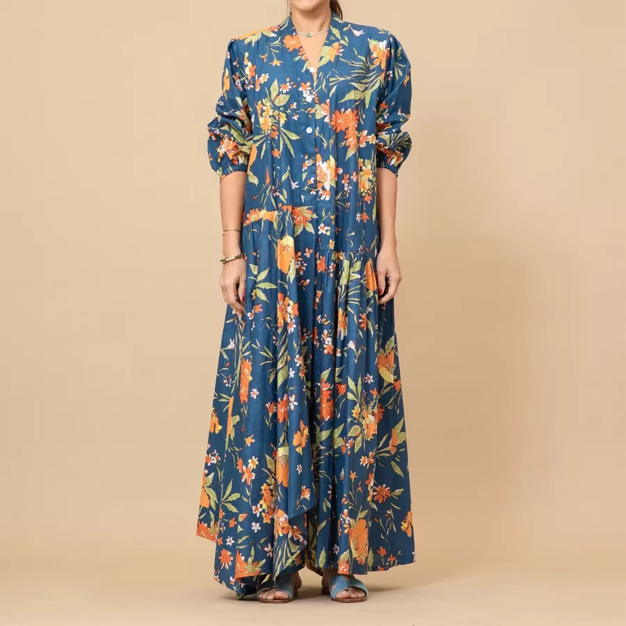 Rawan - Belted Printed Cotton Dress with Bubble Sleeves