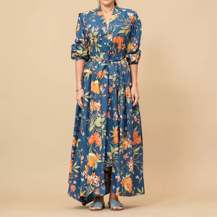 Rawan - Belted Printed Cotton Dress with Bubble Sleeves - Image 3