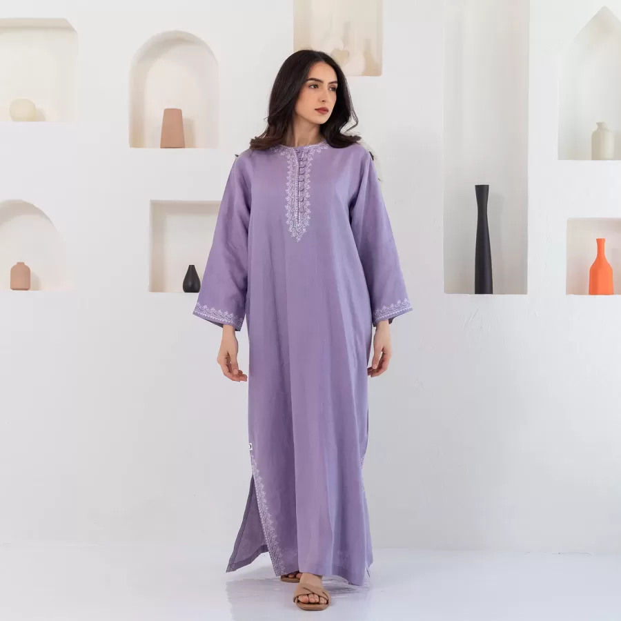 Malika - Woven Linen Dress with Off-White Embroidery - Image 5