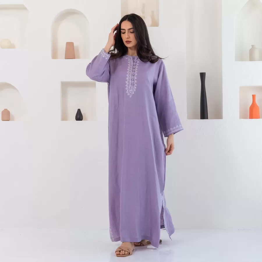Malika - Woven Linen Dress with Off-White Embroidery - Image 4