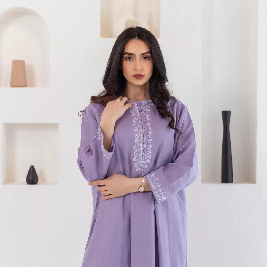 Malika - Woven Linen Dress with Off-White Embroidery - Image 2