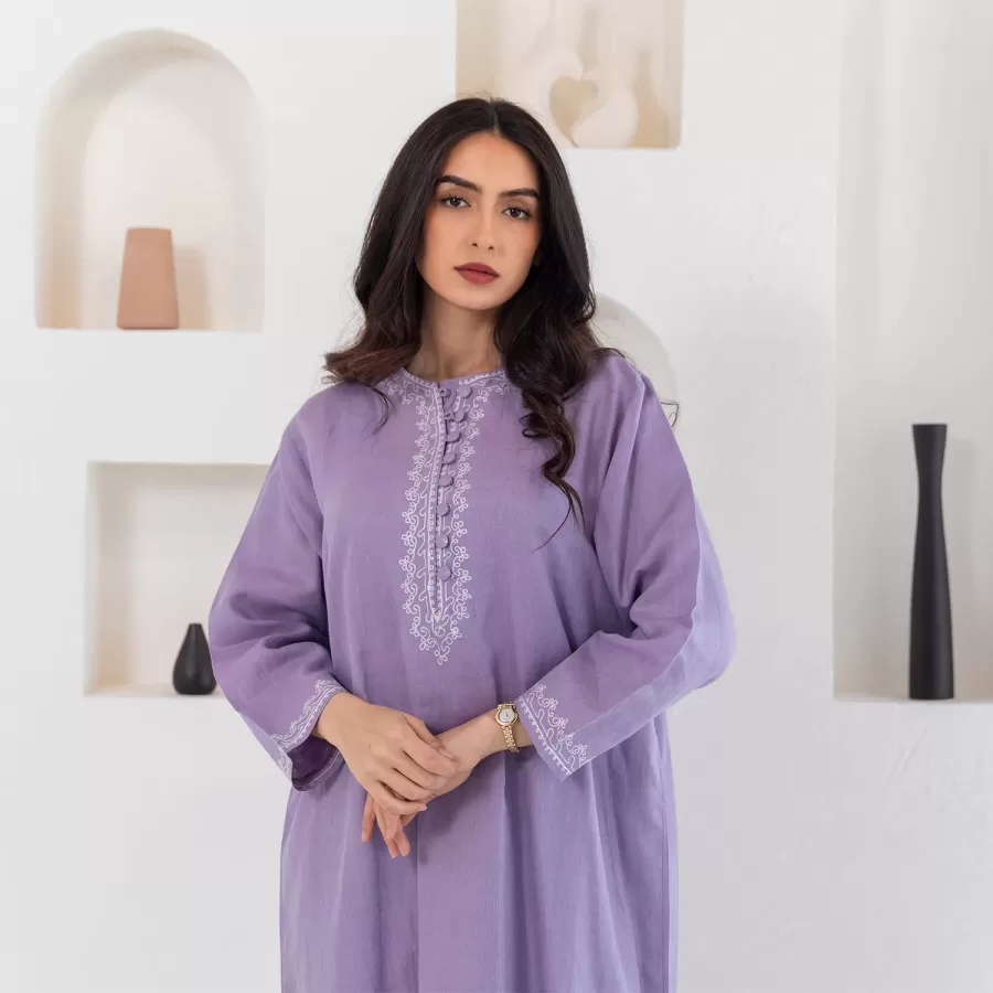 Malika - Woven Linen Dress with Off-White Embroidery - Image 3