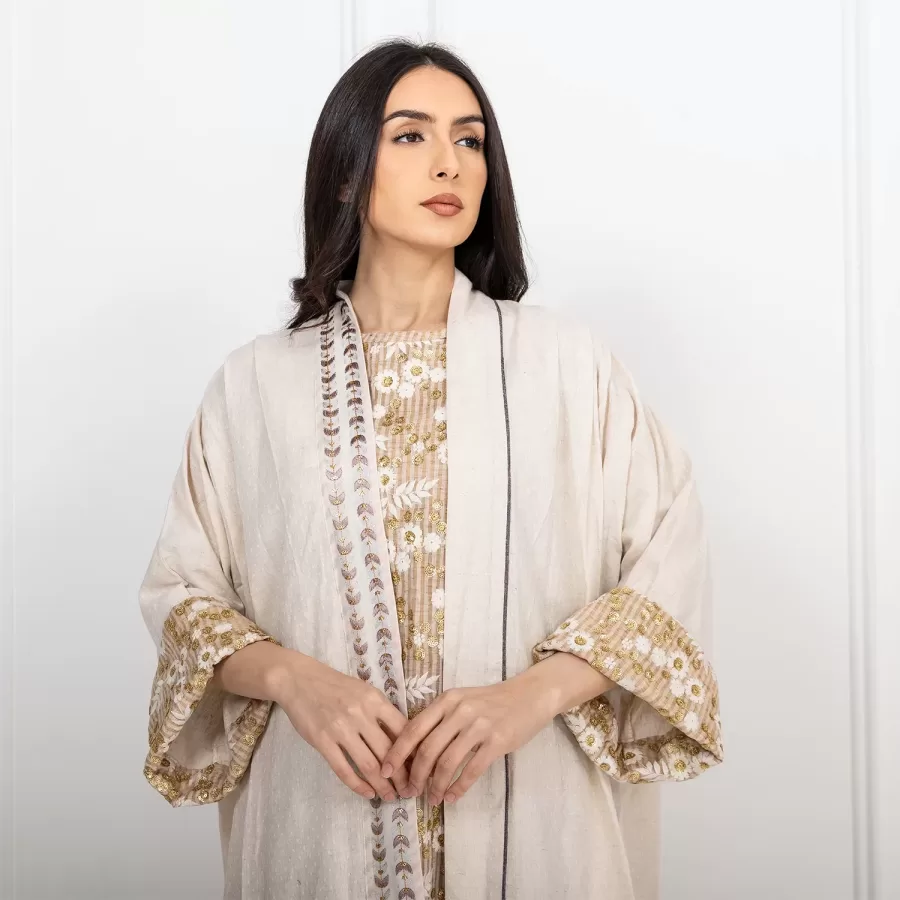 Mom Lux Set - Sequinned Dress with Oversized Abaya in Cotton - Image 2