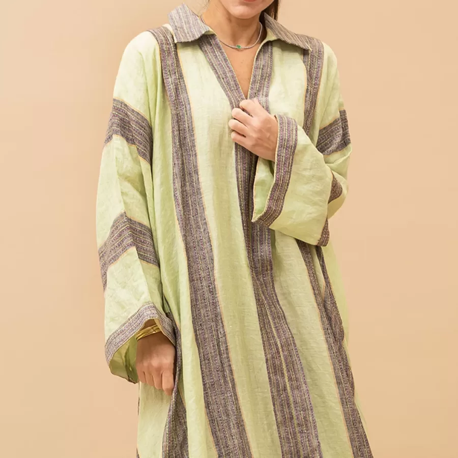 Abeer - Stitched Stripes Linen Flared Dress with Collars - Image 2