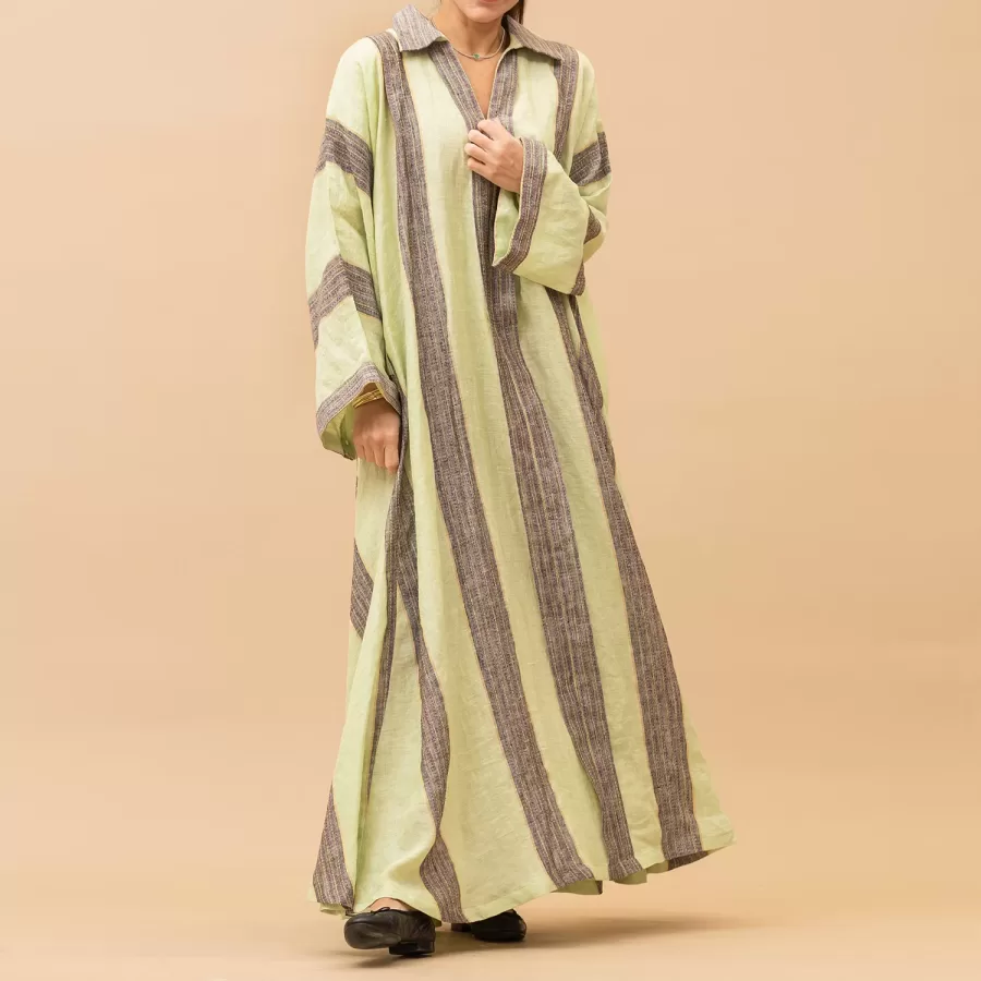 Abeer - Stitched Stripes Linen Flared Dress with Collars - Image 4