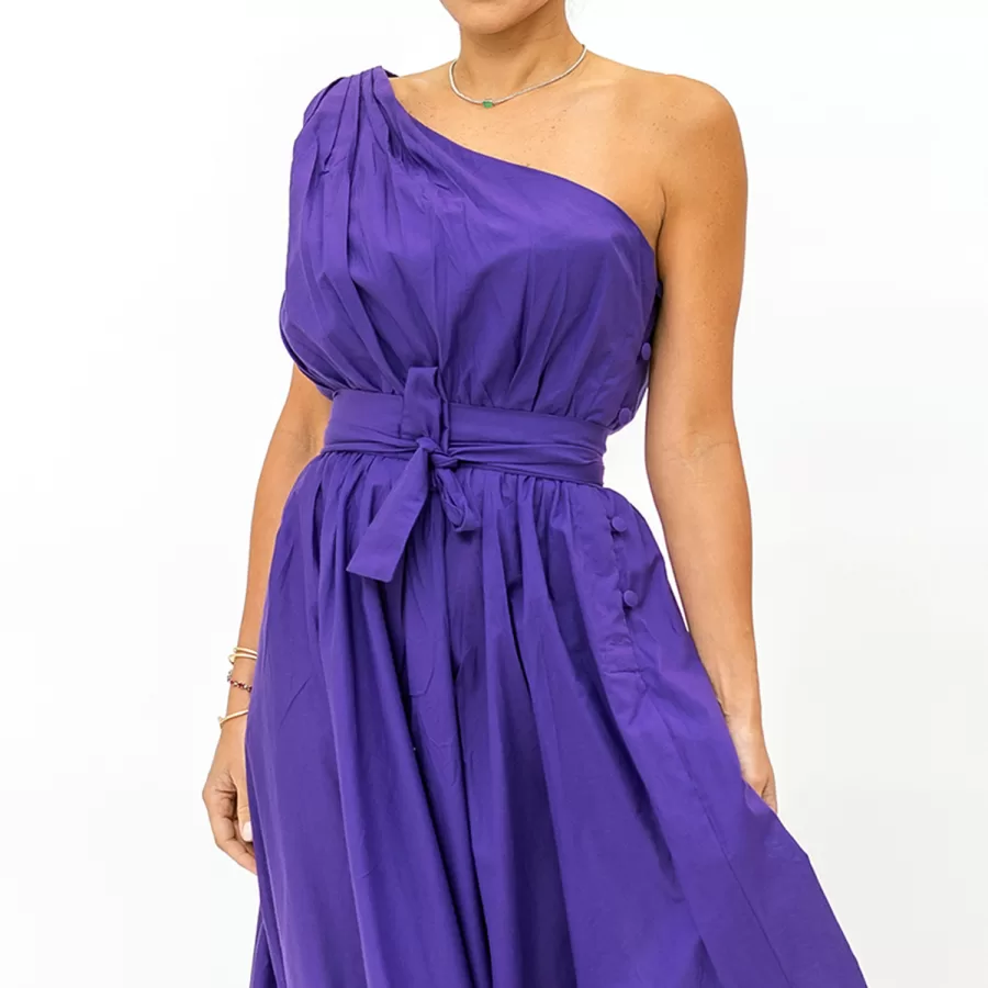 Miami - Flared One Shoulder Belted Cotton Dress - Image 2