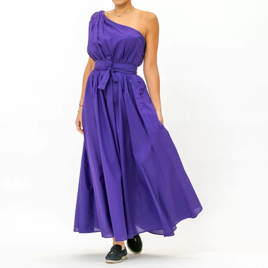 Miami - Flared One Shoulder Belted Cotton Dress - Image 4