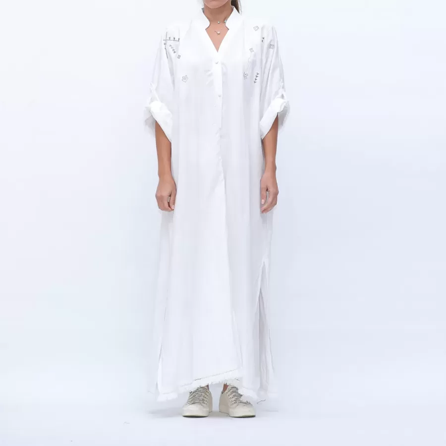 Ibiza - Buttoned Kaftan Dress with Bohemian Embroidery
