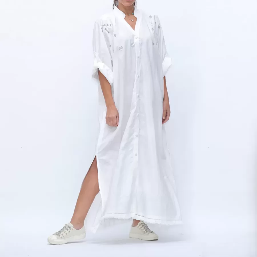 Ibiza - Buttoned Kaftan Dress with Bohemian Embroidery - Image 4