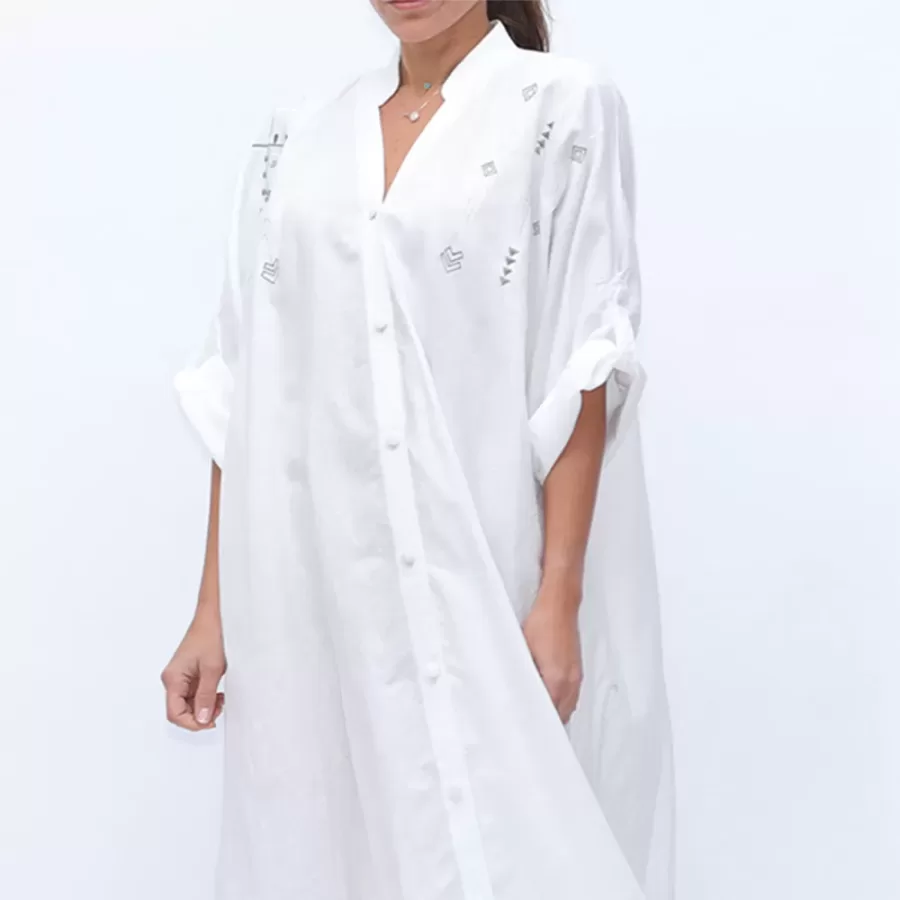 Ibiza - Buttoned Kaftan Dress with Bohemian Embroidery - Image 2
