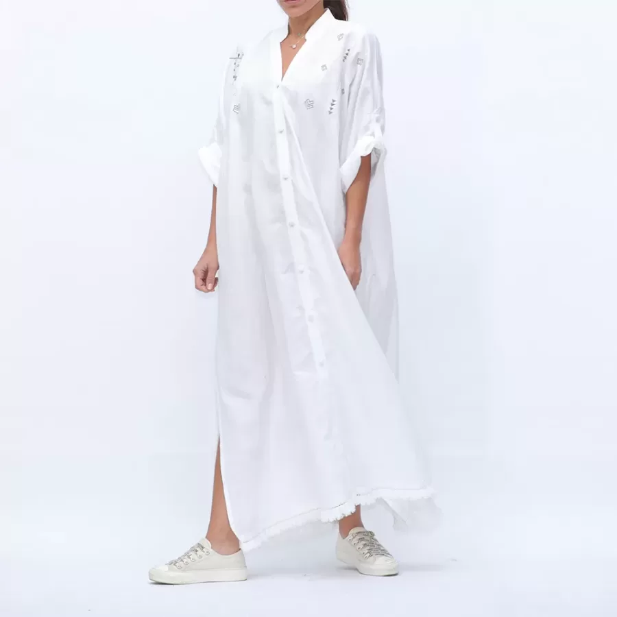 Ibiza - Buttoned Kaftan Dress with Bohemian Embroidery - Image 5