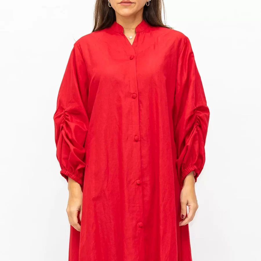 Santorini - Plain Jalabiya Dress with Buttons Fastening - Red - Image 2
