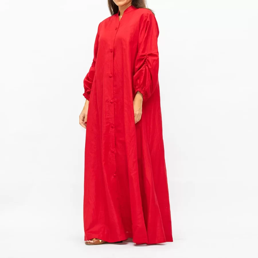 Santorini - Plain Jalabiya Dress with Buttons Fastening - Red - Image 3