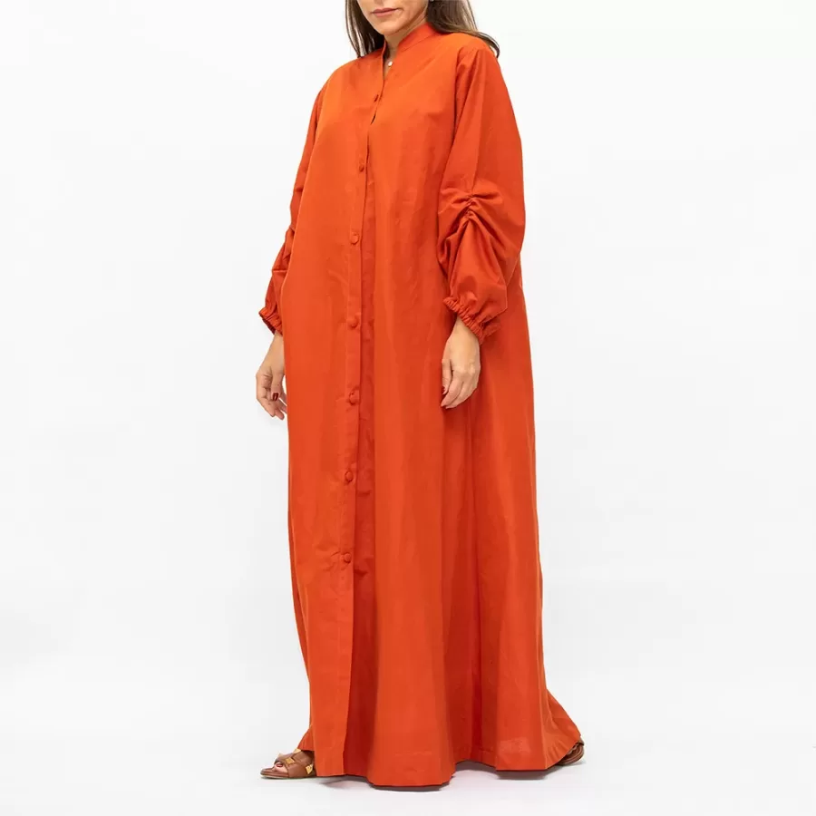 Santorini - Plain Jalabiya Dress with Buttons Fastening - Orange - Image 5
