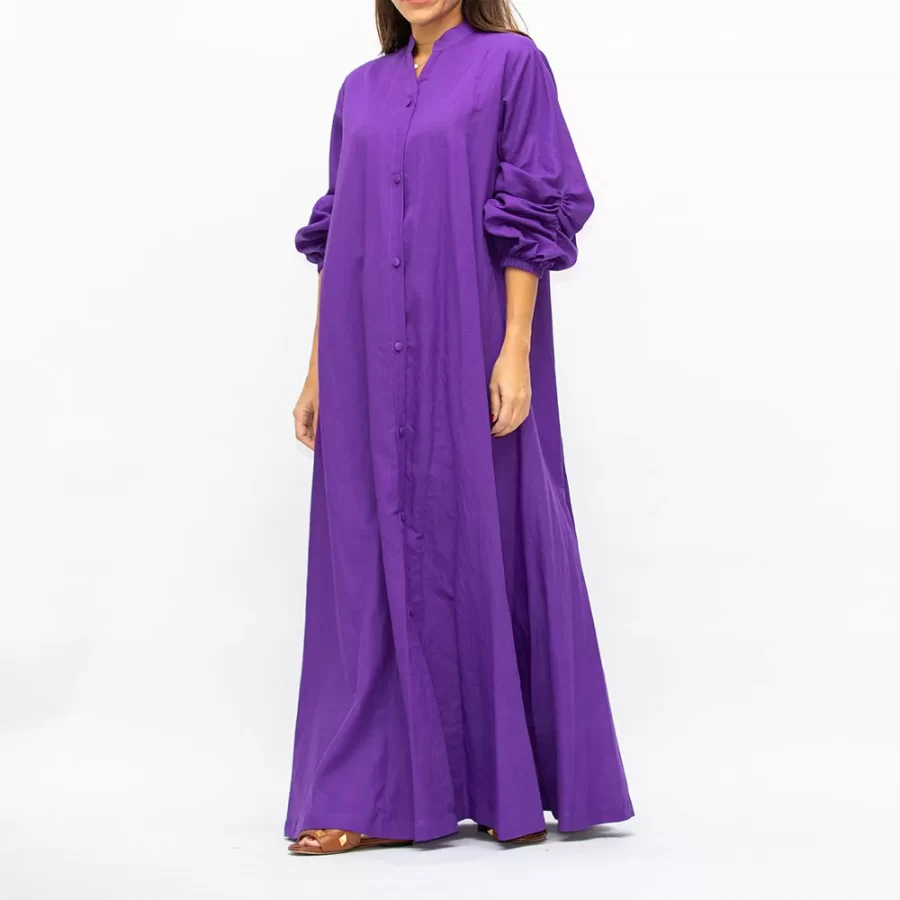 Santorini - Plain Jalabiya Dress with Buttons Fastening - Purple - Image 3