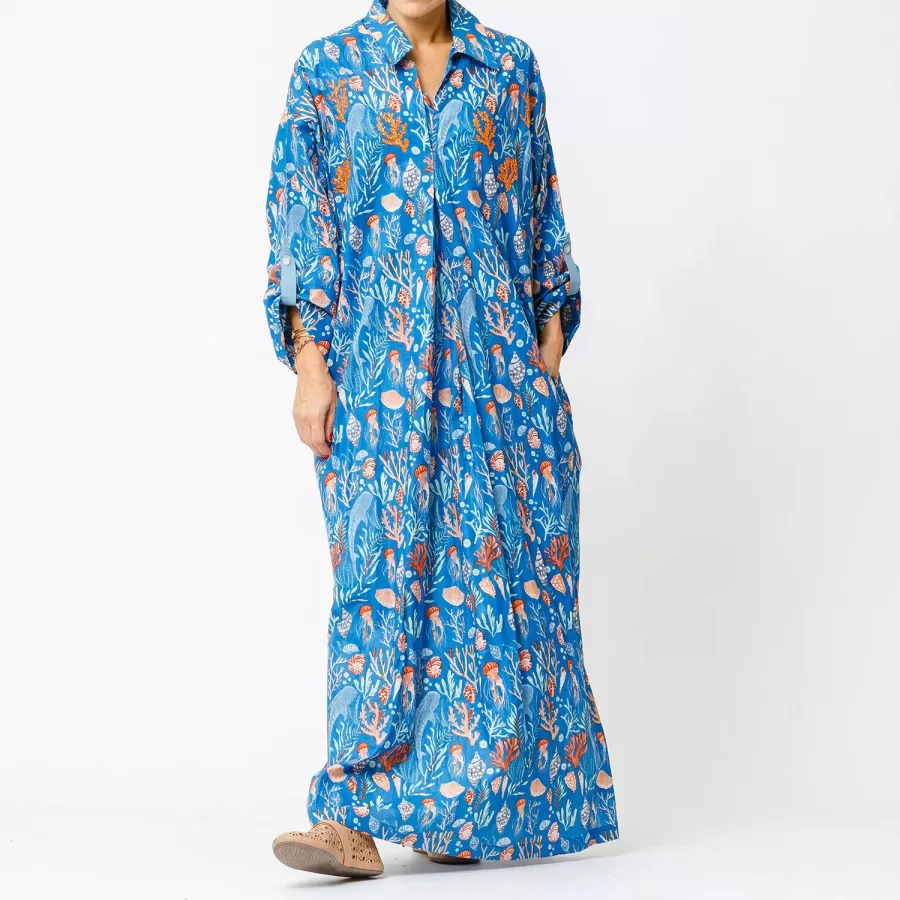 Coral - Printed Cotton Kaftan with Embroidery - Image 3