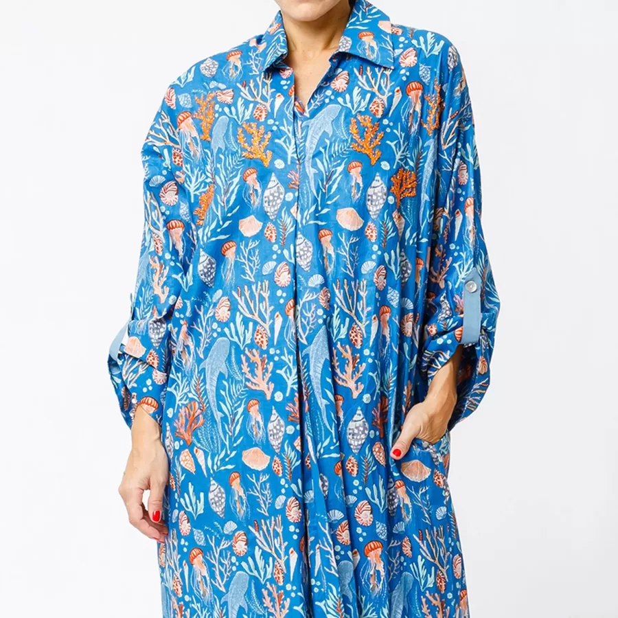 Coral - Printed Cotton Kaftan with Embroidery - Image 2