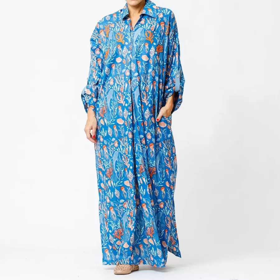 Coral - Printed Cotton Kaftan with Embroidery - Image 4