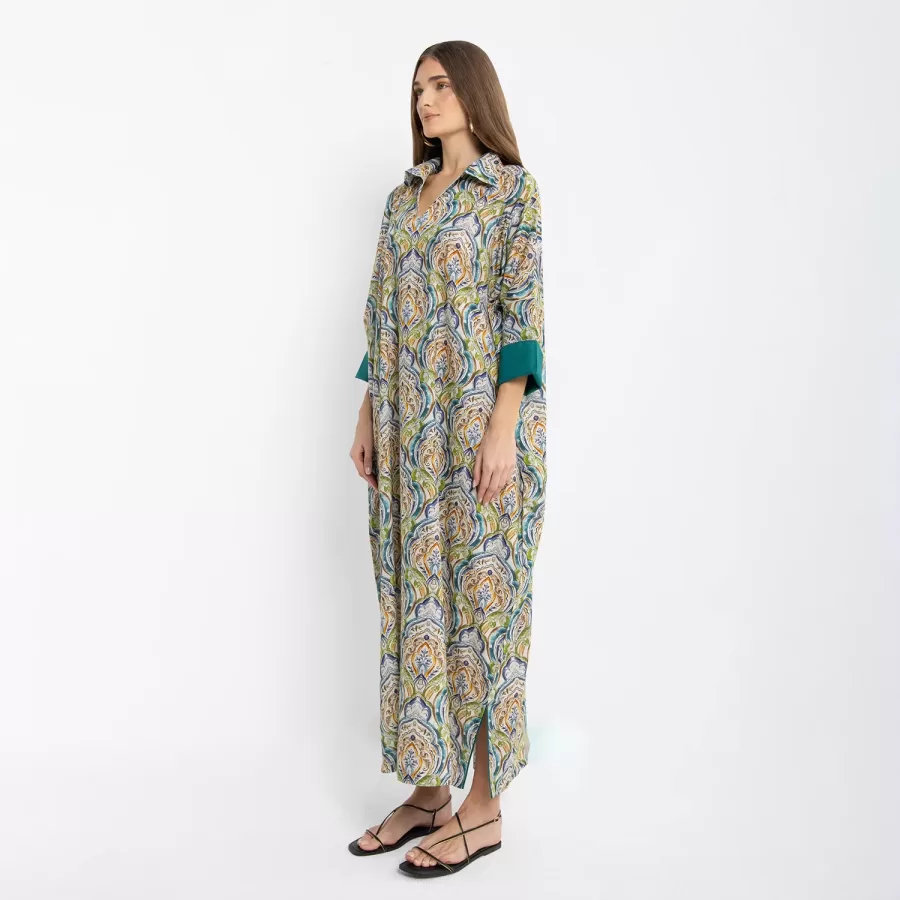 Sapphire - Collared Printed Cotton Kaftan - Image 5