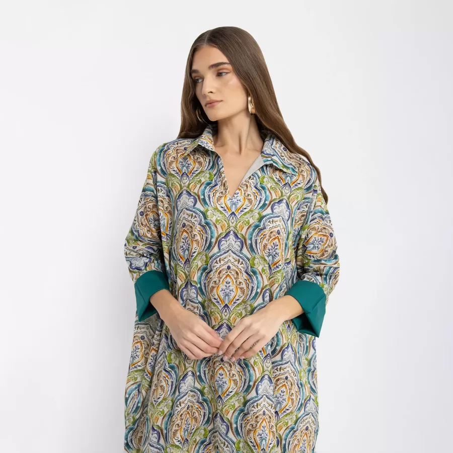 Sapphire - Collared Printed Cotton Kaftan - Image 2